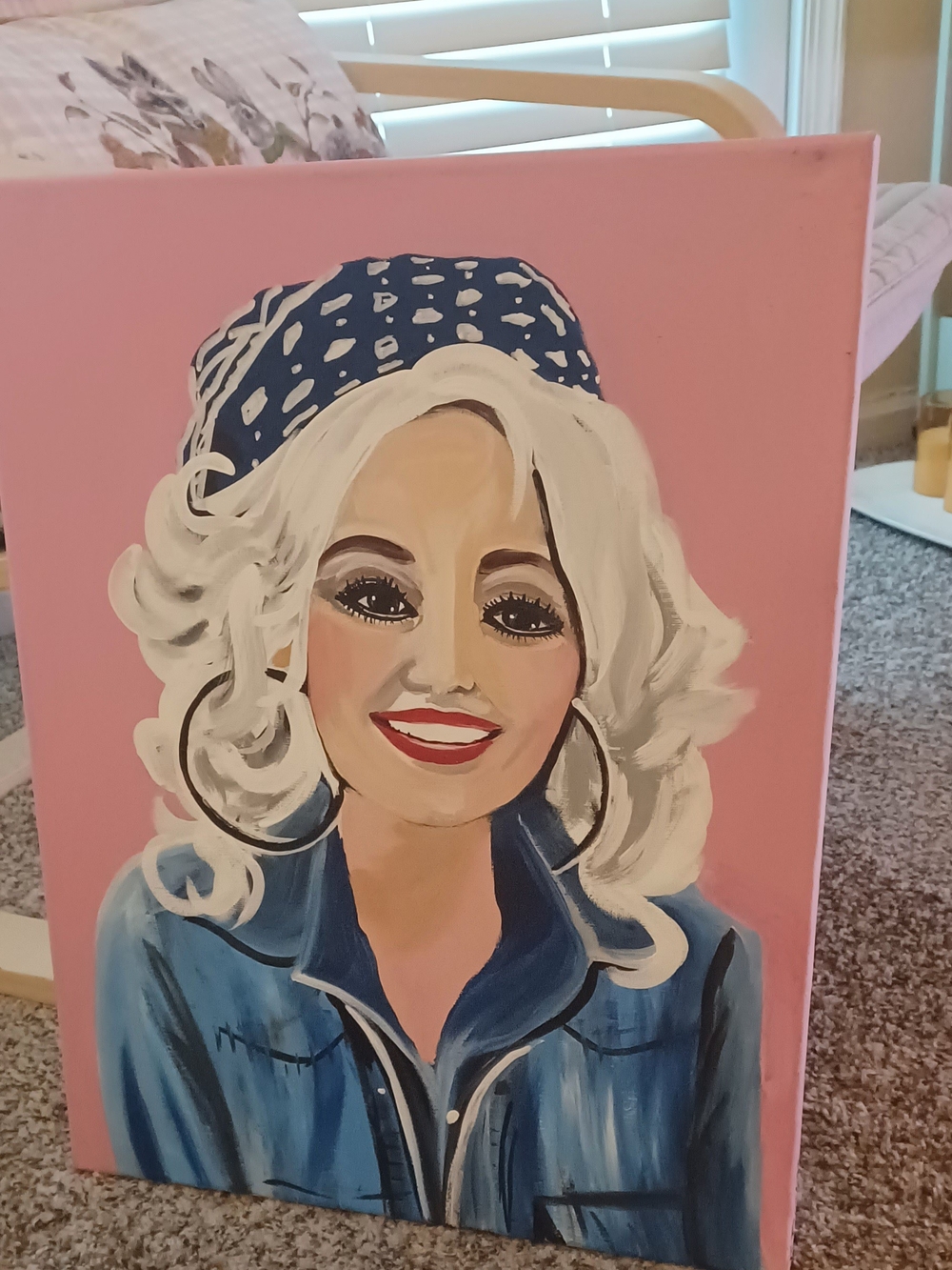 Pink Background Dolly Parton Portrait Painting with Blue Jacket and White Hair - Picture 4 of 4